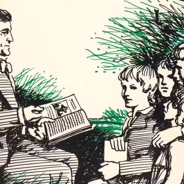 A drawing of a hedge school and his students