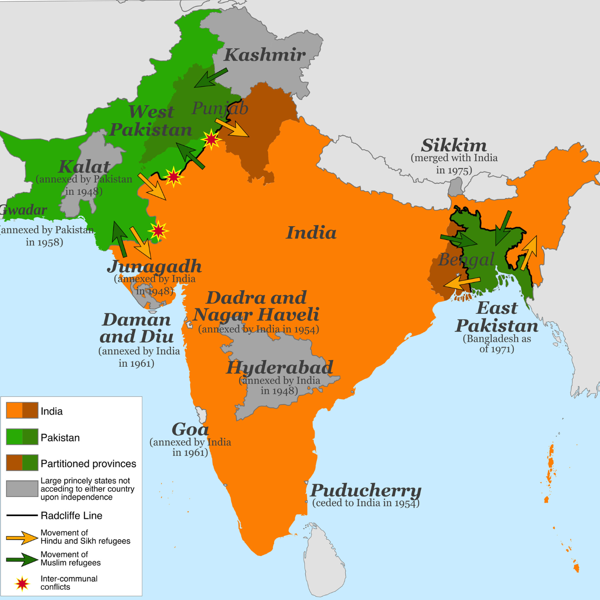 The partition of India: green regions were all part of Pakistan by 1948, and orange ones part of India. The darker-shaded regions represent the Punjab and Bengal provinces partitioned by the Radcliffe Line. The grey areas represent some of the key princely states that were eventually integrated into India or Pakistan.